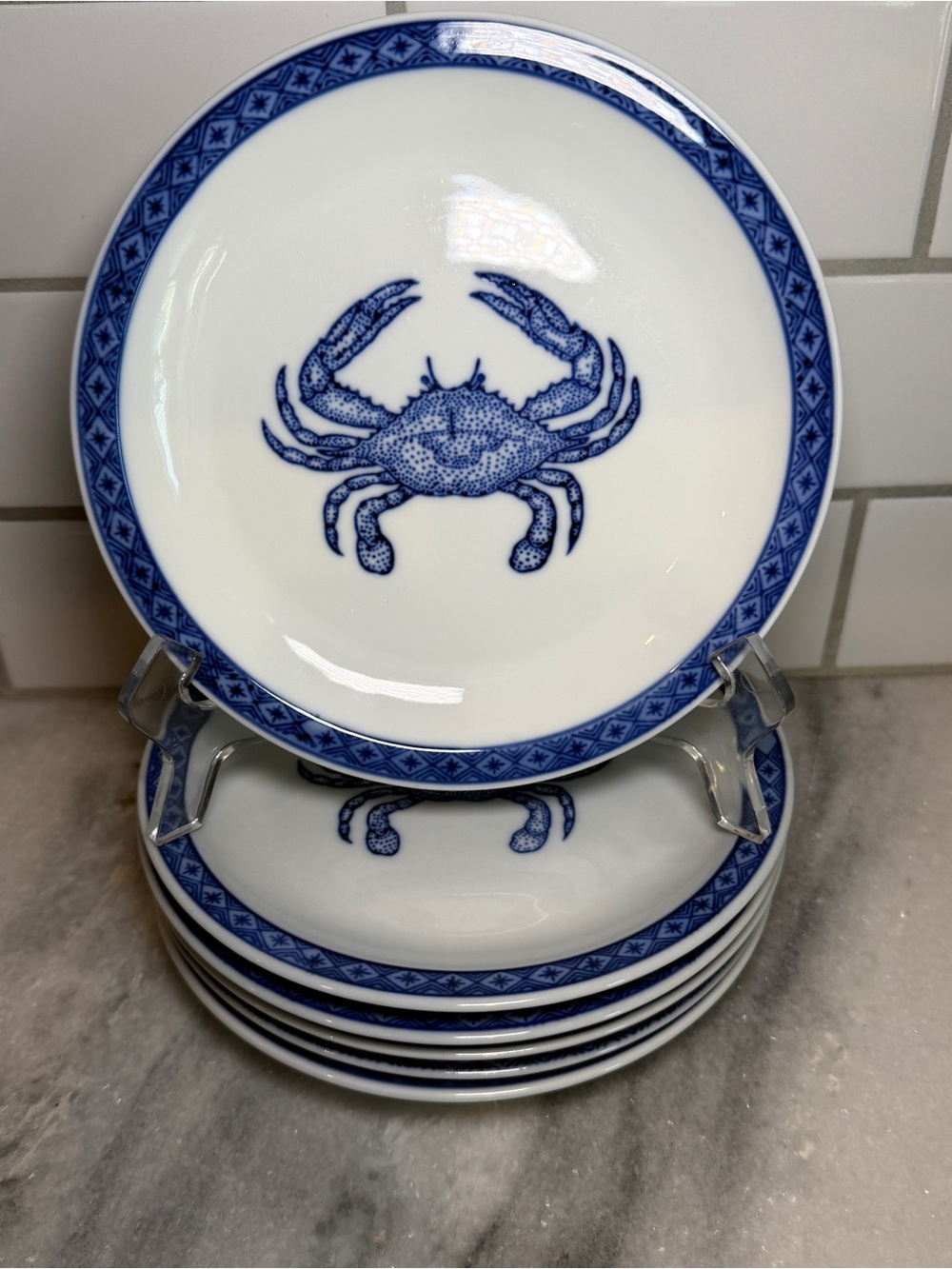 Vintage Blue Crab Porcelain Plates (6) White & Blue Coastal Dinnerware 7.5”